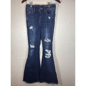 Flying Monkey Blue Jeans Womens Flare Bell Bottom Dark  Distressed Mid Rise, 27